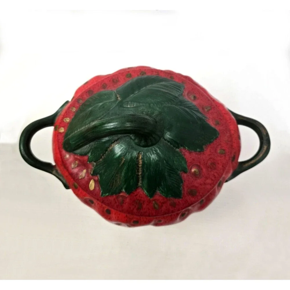 Vintage 1970s Ceramic Strawberry  Serving Bowl Cookie Jar w/ Lid 11